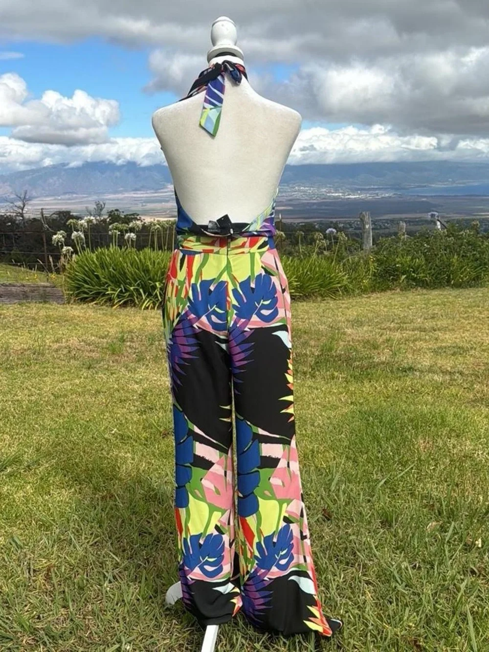 NWT Natori tropical Resortwear Monstera Jumpsuit halter Flare leg Retro  Size 0